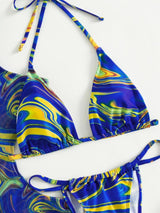 Contrast print mesh hollow out self tie halter 3 piece swimwear