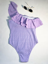 Textured ruffle one shoulder solid one piece swimwear