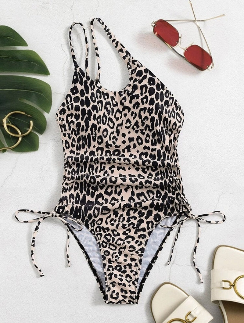 Maillot de bain une pièce irrégulier à une épaule avec cordon de serrage léopard 