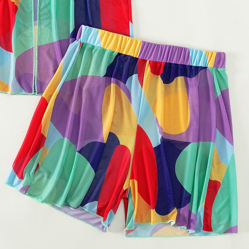 Maillot de bain 4 pièces à imprimé maille contrastée, manches courtes, licou, à nouer soi-même 