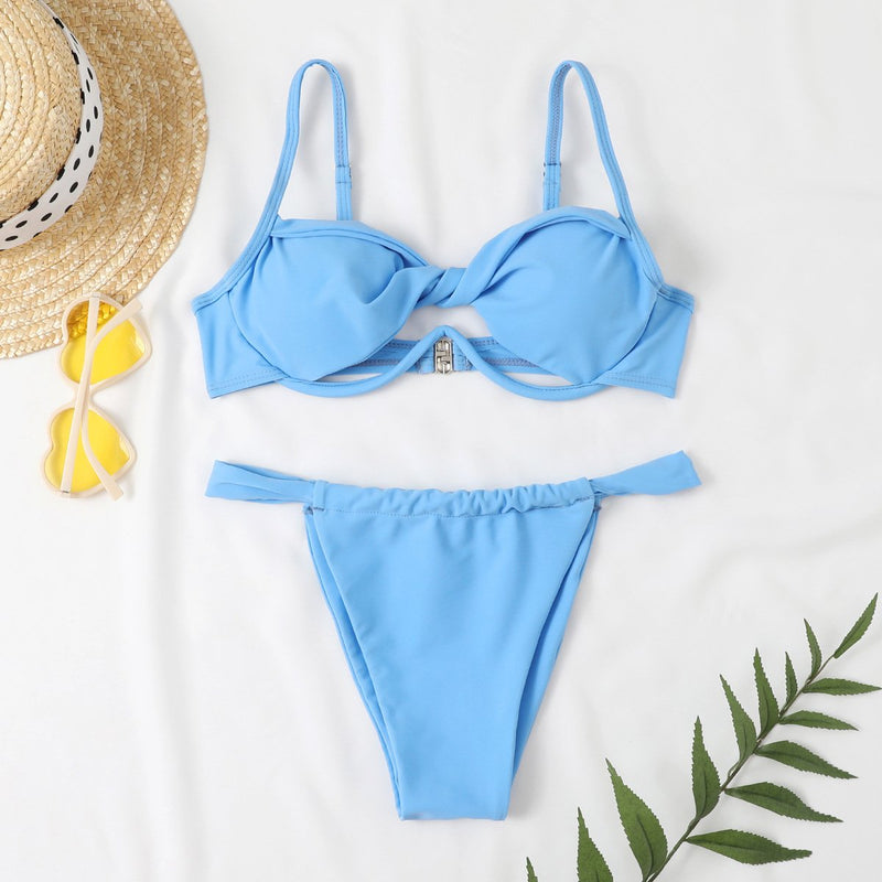 Solid button knotted ruched hollow out backless bikini swimwear