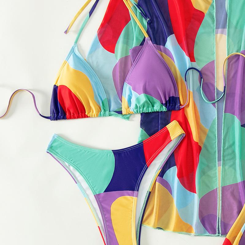 Maillot de bain 4 pièces à imprimé maille contrastée, manches courtes, licou, à nouer soi-même 