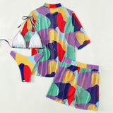 Maillot de bain 4 pièces à imprimé maille contrastée, manches courtes, licou, à nouer soi-même 
