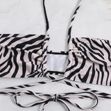 Maillot de bain 3 pièces à nouer soi-même, en maille à imprimé zèbre, avec cordon de serrage 