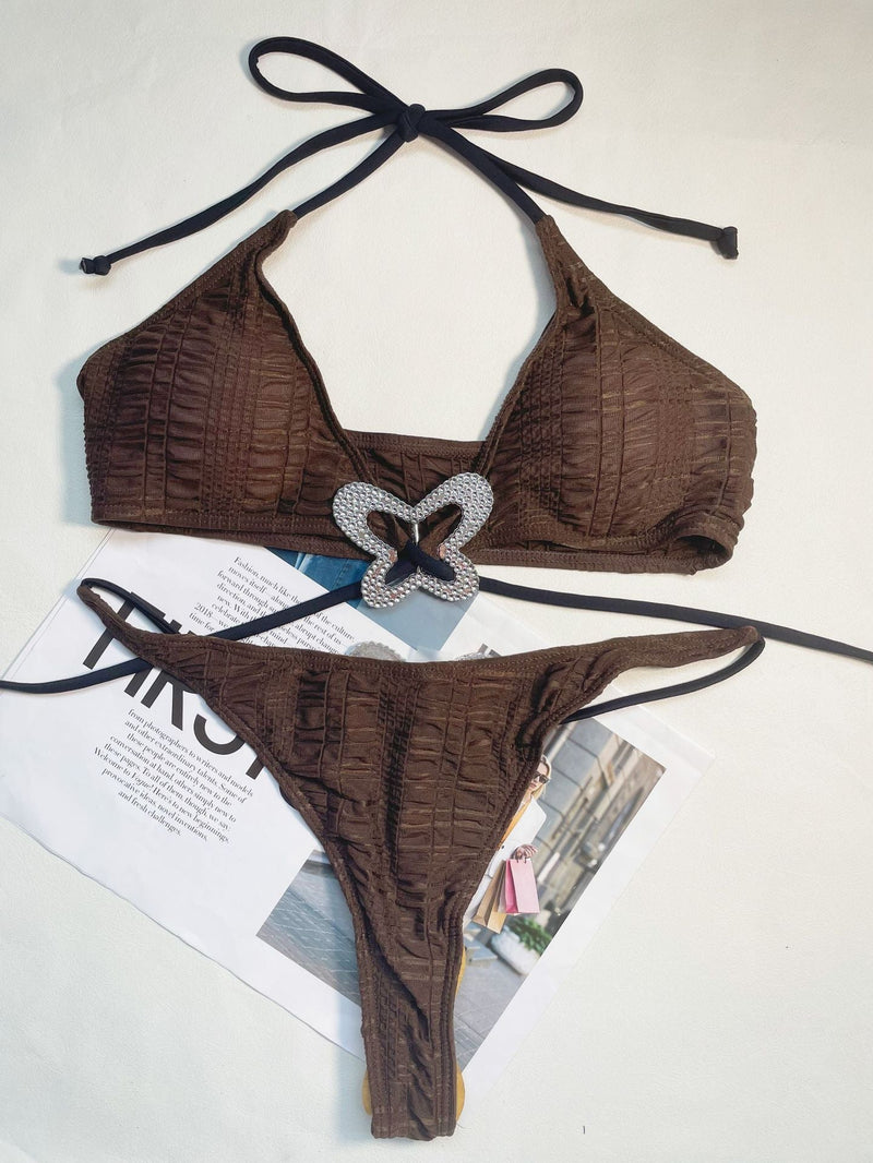 Maillot de bain bikini uni à appliques papillon et licou 