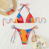 Maillot de bain bikini dos nu à imprimé contrasté et à nouer soi-même 