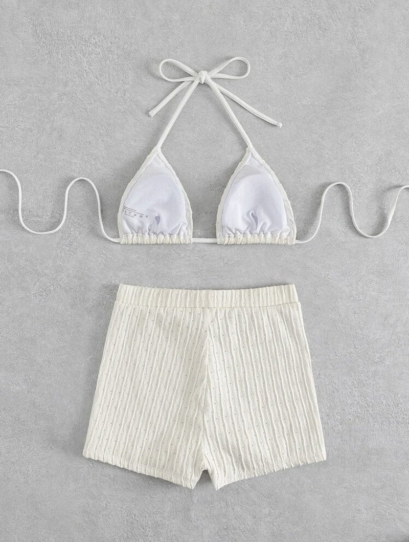 Maillot de bain bikini dos nu texturé uni à nouer soi-même 