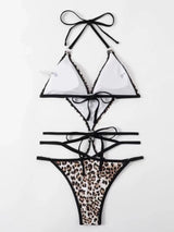 Maillot de bain bikini rembourré dos nu contrasté à imprimé léopard 