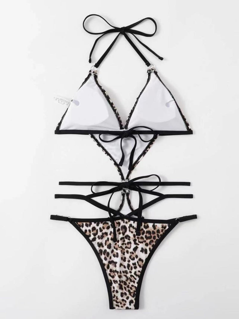 Maillot de bain bikini rembourré dos nu contrasté à imprimé léopard 