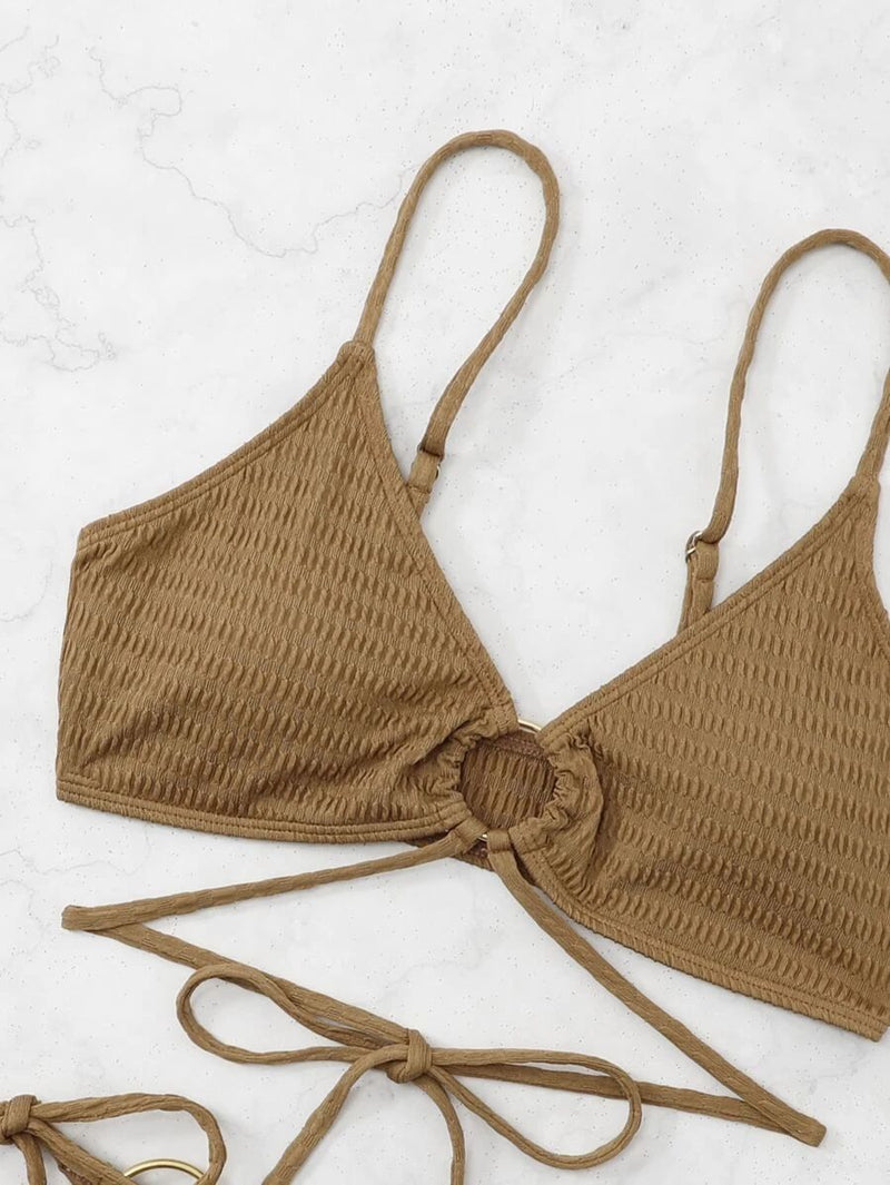 Maillot de bain bikini rembourré à nouer avec anneau en O creux et solide 