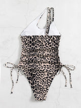 Maillot de bain une pièce irrégulier à une épaule avec cordon de serrage léopard 
