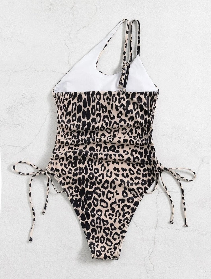 Maillot de bain une pièce irrégulier à une épaule avec cordon de serrage léopard 