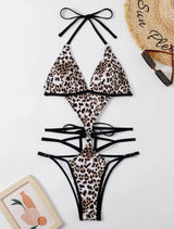 Maillot de bain bikini rembourré dos nu contrasté à imprimé léopard 