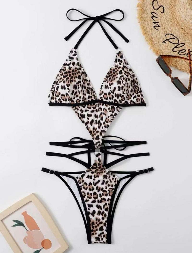 Maillot de bain bikini rembourré dos nu contrasté à imprimé léopard 