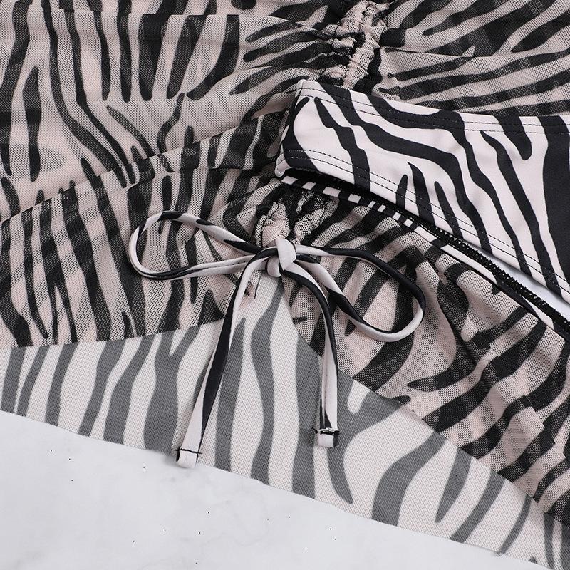 Maillot de bain 3 pièces à nouer soi-même, en maille à imprimé zèbre, avec cordon de serrage 