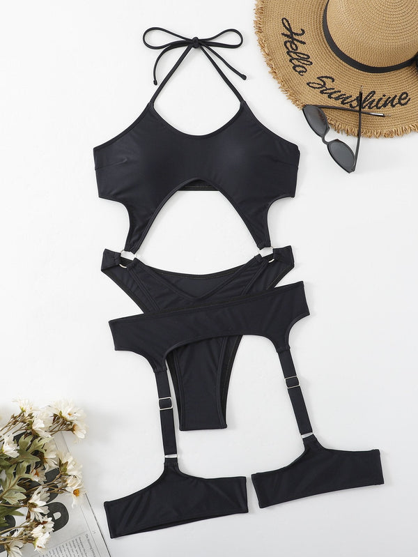 Maillot de bain à nouer avec anneau en O creux et col licou solide 