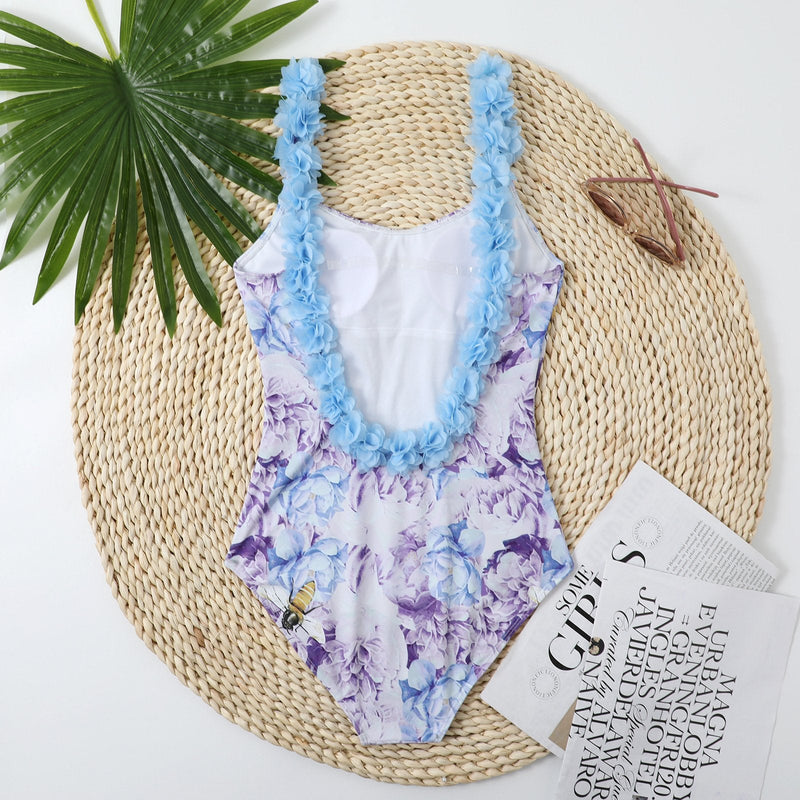 Maillot de bain une pièce à motif floral contrasté, col en U, rembourré et dos nu 