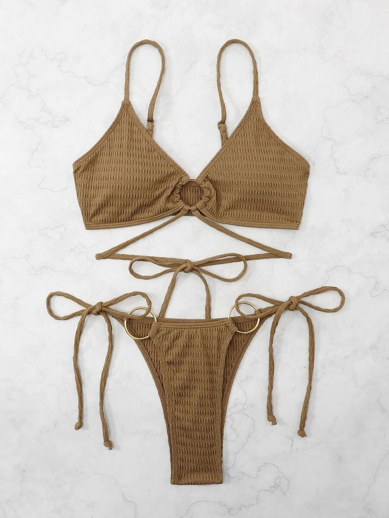 Maillot de bain bikini rembourré à nouer avec anneau en O creux et solide 