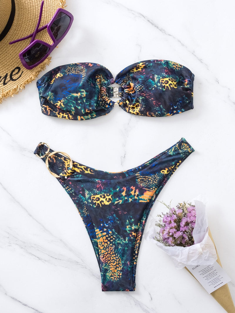 Maillot de bain bikini tube rembourré à imprimé contrasté 