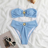 Traje de baño bikini de tubo con botones y espalda descubierta con textura y apliques metálicos 
