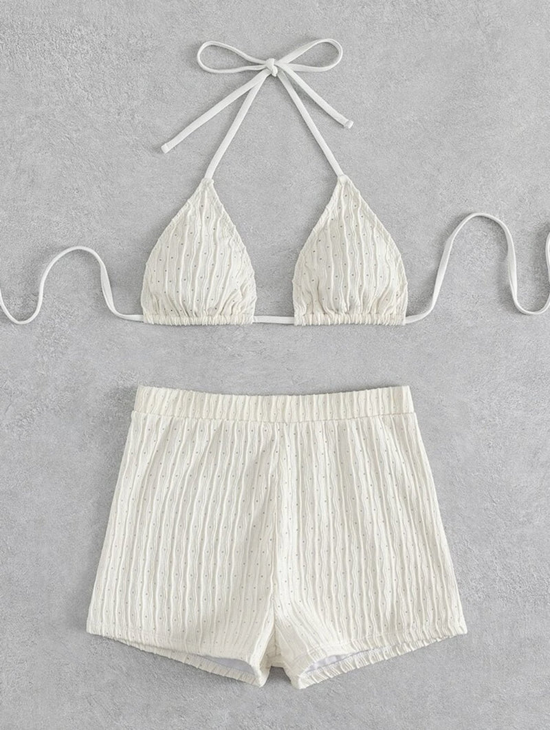 Maillot de bain bikini dos nu texturé uni à nouer soi-même 