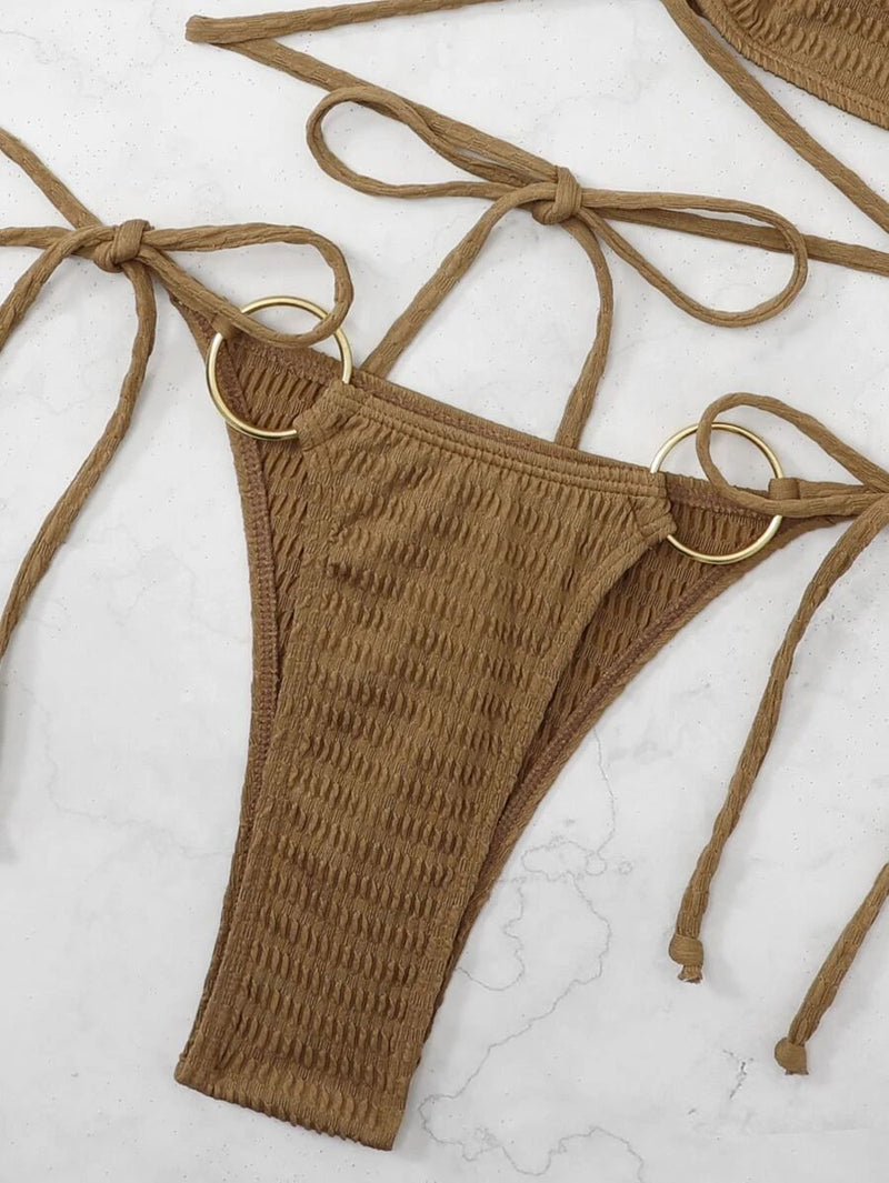 Maillot de bain bikini rembourré à nouer avec anneau en O creux et solide 