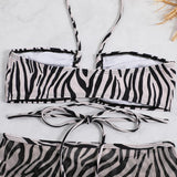 Maillot de bain 3 pièces à nouer soi-même, en maille à imprimé zèbre, avec cordon de serrage 