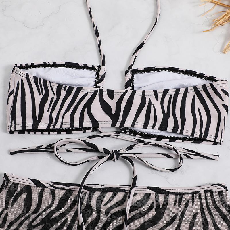 Maillot de bain 3 pièces à nouer soi-même, en maille à imprimé zèbre, avec cordon de serrage 