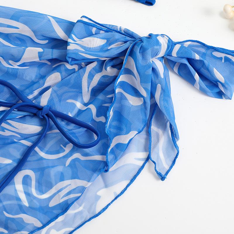 Maillot de bain 3 pièces en maille dos nu à imprimé contrasté ondulé 