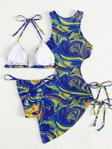 Contrast print mesh hollow out self tie halter 3 piece swimwear