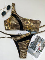 Maillot de bain bikini à une épaule en patchwork imprimé peau de serpent et à nouer soi-même 