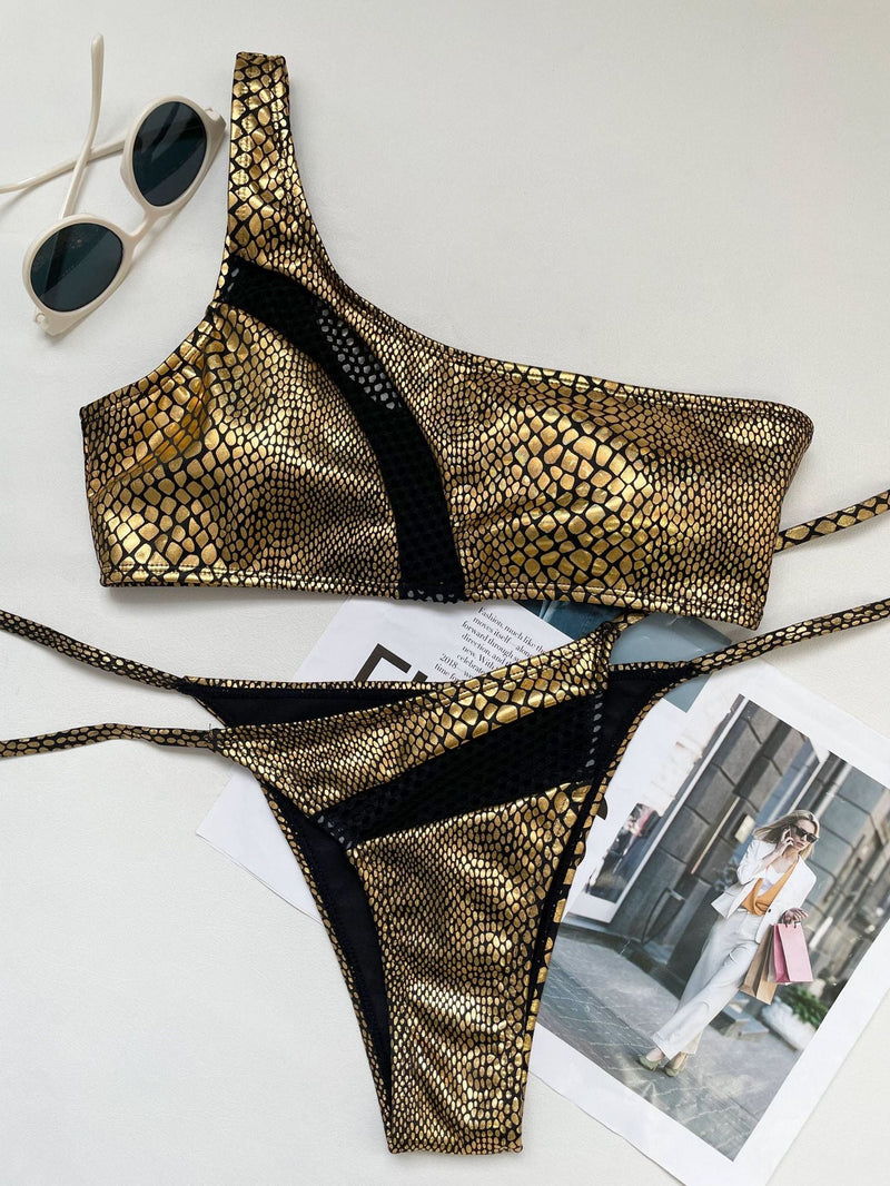 Maillot de bain bikini à une épaule en patchwork imprimé peau de serpent et à nouer soi-même 
