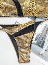 Maillot de bain bikini à une épaule en patchwork imprimé peau de serpent et à nouer soi-même 