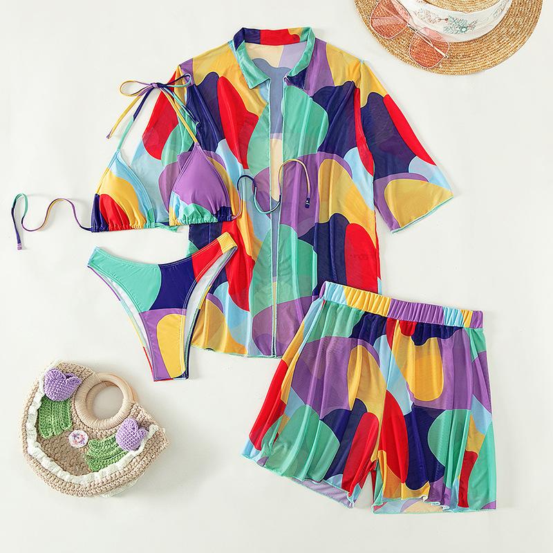 Maillot de bain 4 pièces à imprimé maille contrastée, manches courtes, licou, à nouer soi-même 