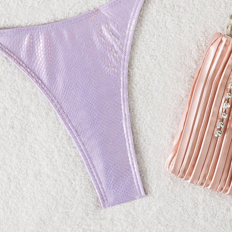 Maillot de bain bikini rembourré uni dos nu à paillettes et à nouer soi-même 