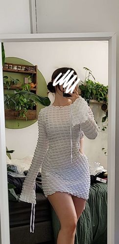 Halibuy Fashion review - Hollow Out Roung Neck Long Slit Sleeve Waffle Solid Dress