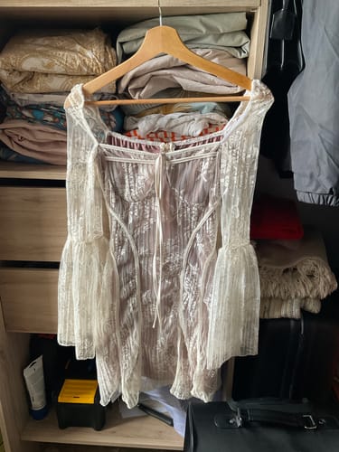 Halibuy Fashion review - Lace Square Neck Long Flared Sleeve Zip Up Ruffle Mini Dress