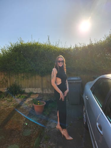 Halibuy Fashion review - High Neck O Ring Butterfly Applique Backless Slit Midi Dress