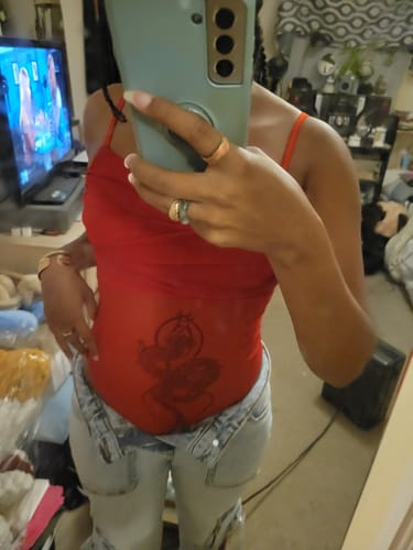 Halibuy Fashion review - Ruched Dragon Print Mesh Cami Bodysuit