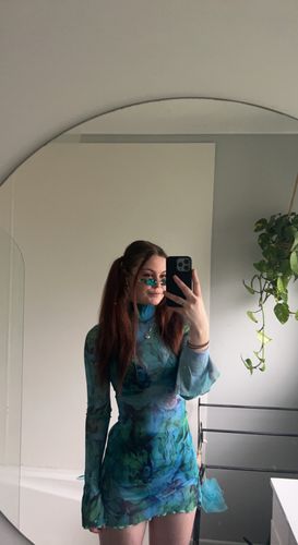 Halibuy Fashion review - Sheer Mesh See Through Print High Neck Slit Long Sleeve Mini Dress