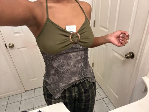 Halibuy Fashion review - Ruched Buckle Print Mesh Ruffle Cami Top