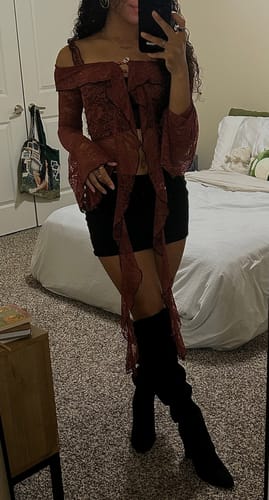 Halibuy Fashion review - Lace Off Shoulder See Through Button Ruffle Long Flared Sleeve Crop Top