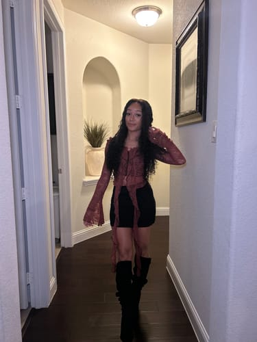 Halibuy Fashion review - Lace Off Shoulder See Through Button Ruffle Long Flared Sleeve Crop Top