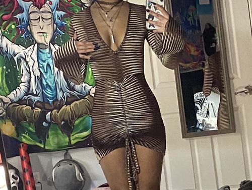 Halibuy Fashion review - See Through V Neck Flared Sleeve Multicolor Dress