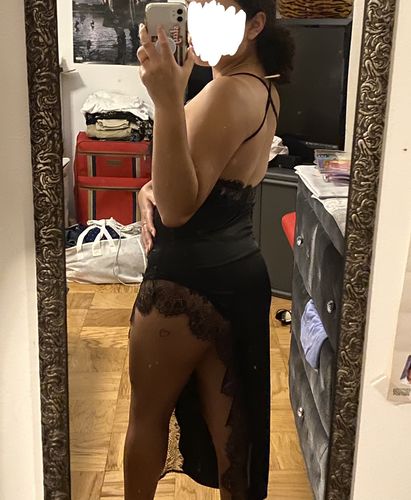 Halibuy Fashion review - Hem Lace Slit Satin Cross Open Back Dress