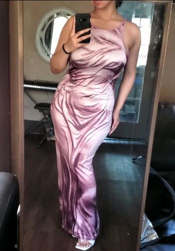 Halibuy Fashion review - Ruched Print Contrast Sleeveless Round Neck Backless Midi Dress