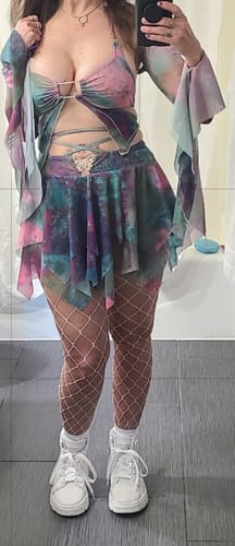 Halibuy Fashion review - Flared Sleeve Tie Dye O Ring Self Tie Halter Low Cut Mini Skirt Set