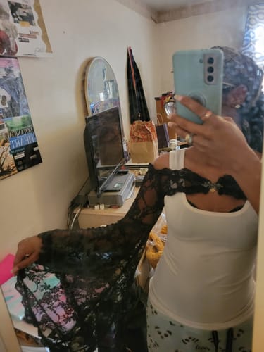 Halibuy Fashion review - Lace Off Shoulder Flared Sleeve Solid Button Shrug Top