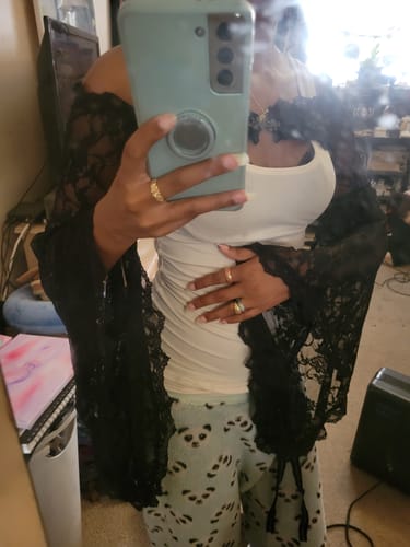 Halibuy Fashion review - Lace Off Shoulder Flared Sleeve Solid Button Shrug Top