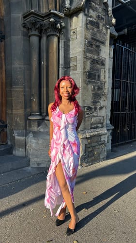 Halibuy Fashion review - U Neck Print Ruffle High Slit Cami Midi Dress Final Sale